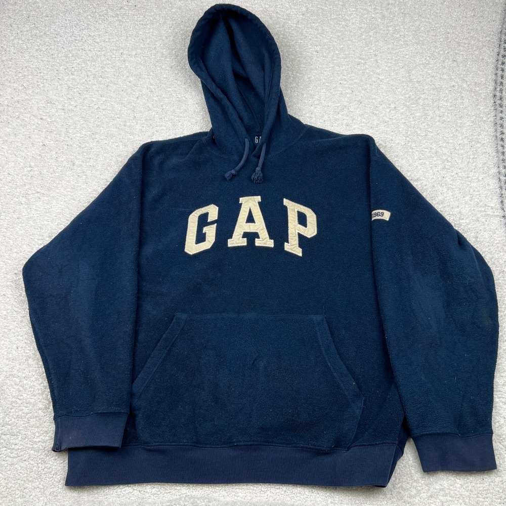Vtg Gap Fleece Hoodie Mens Large Navy Blue Spellout Logo 1969 Pullover Korea - Picture 2 of 12